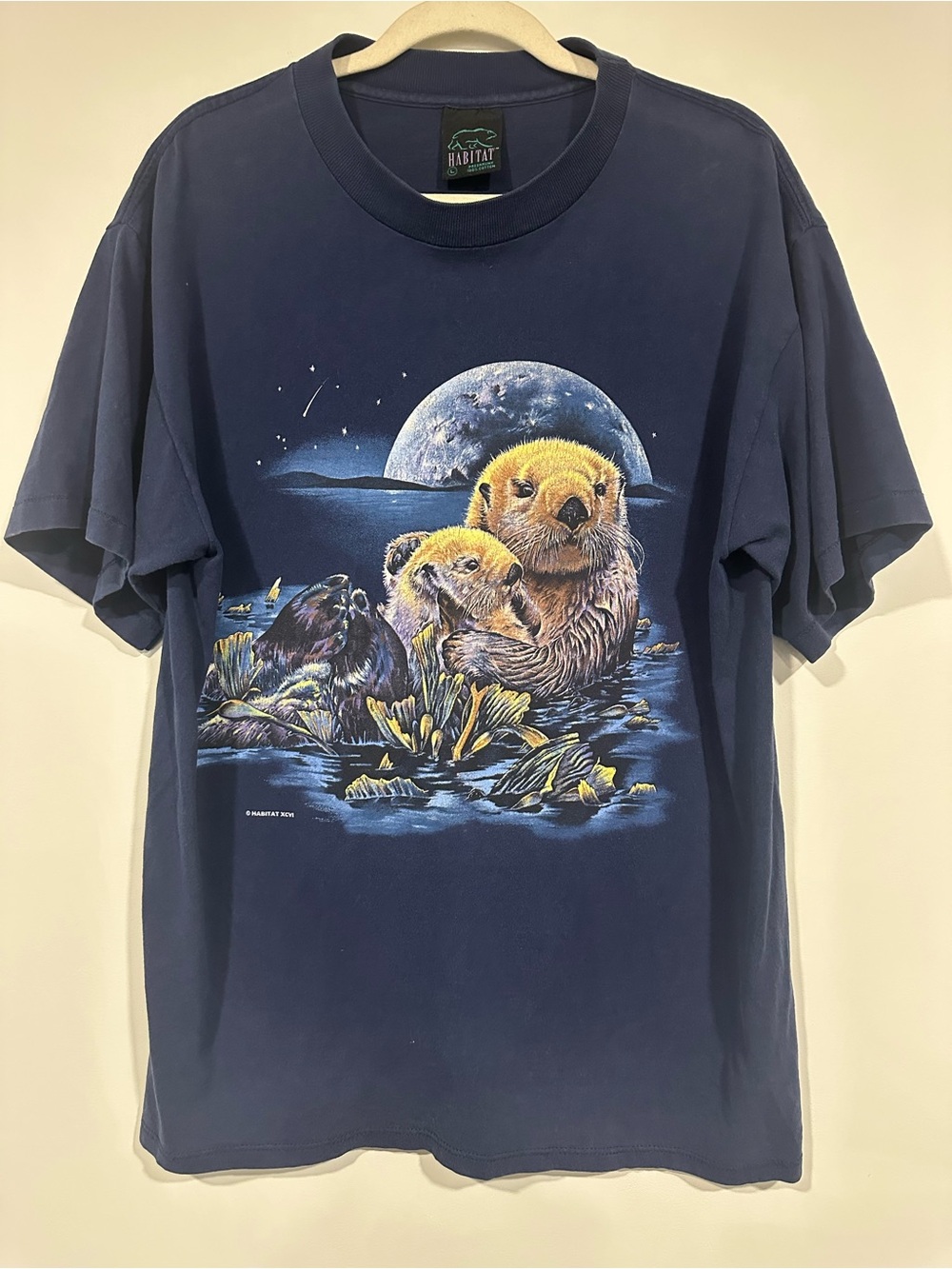Vintage 90s Habitat Sea Otter Nature Sea Shirt Navy Blue Size L Wildlife Cotton